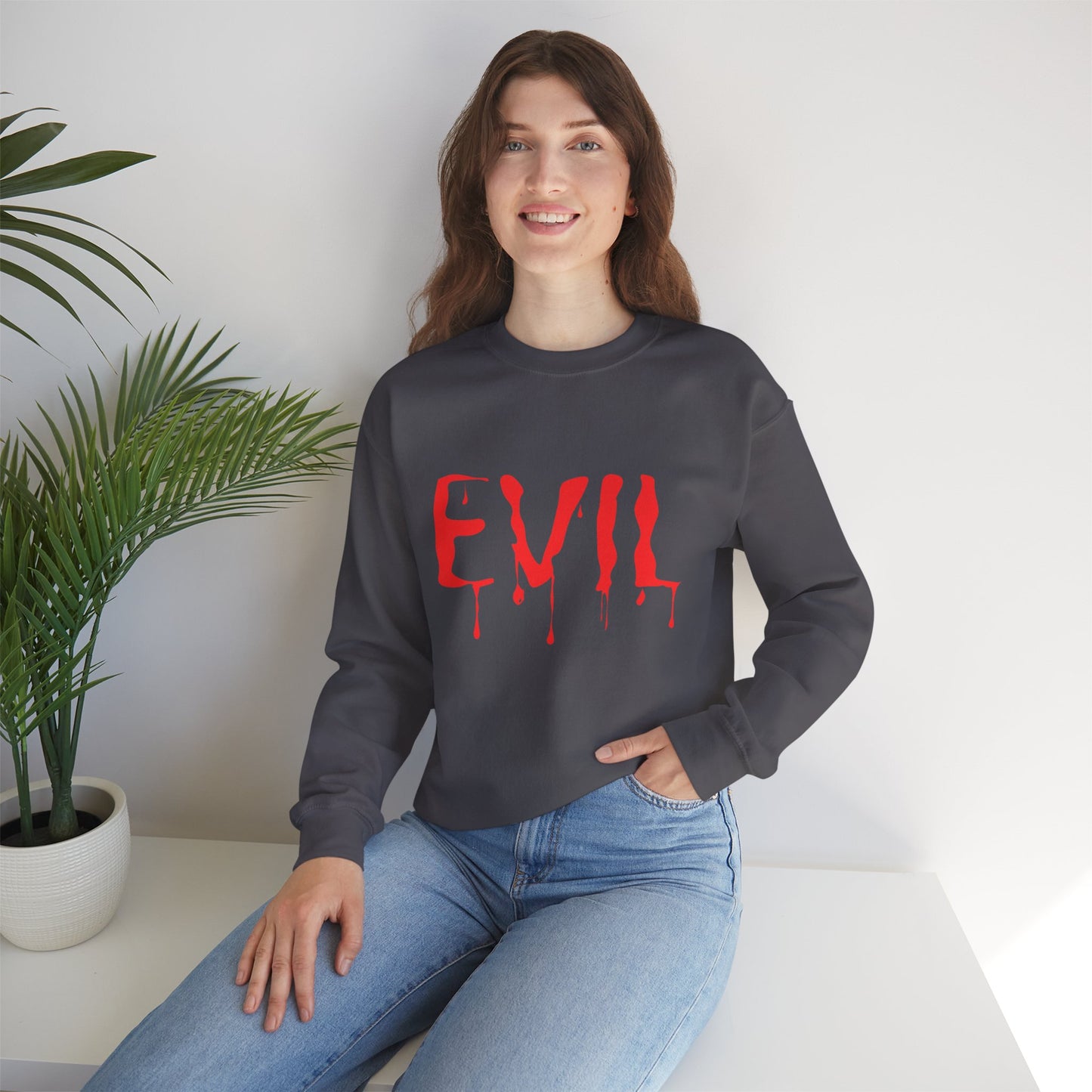 Evil Crewneck Sweatshirt Spooky Halloween Apparel for Edgy Fall Fashion