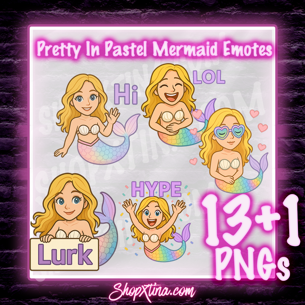Pastel Mermaid Emote Set for Twitch & Discord | 13 + 1 Bonus Cute Streaming Emotes | Gamer Girl Vibes | PNG Transparent
