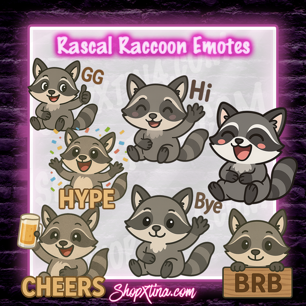 Rascal Raccoon Emote Set: 13 Emotes for Twitch, Discord, Streamers & More