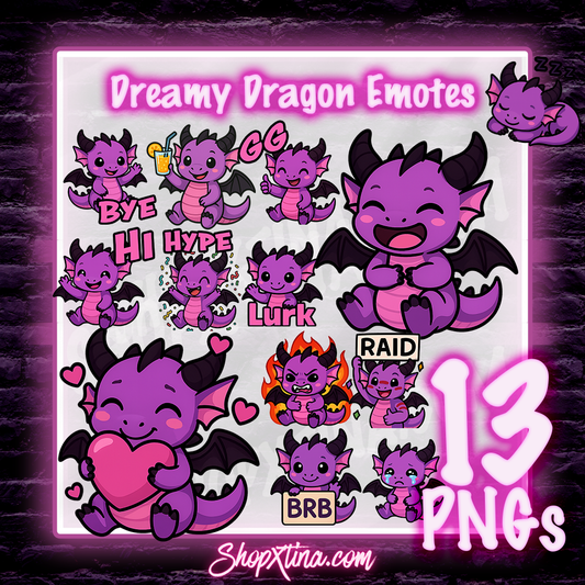 13 Dreamy Dragon Emotes | Discord, Twitch, Youtube, OBS, Streamlabs | Hype, Love, Lurk, Raid, Cheers & More | Great For Streamers