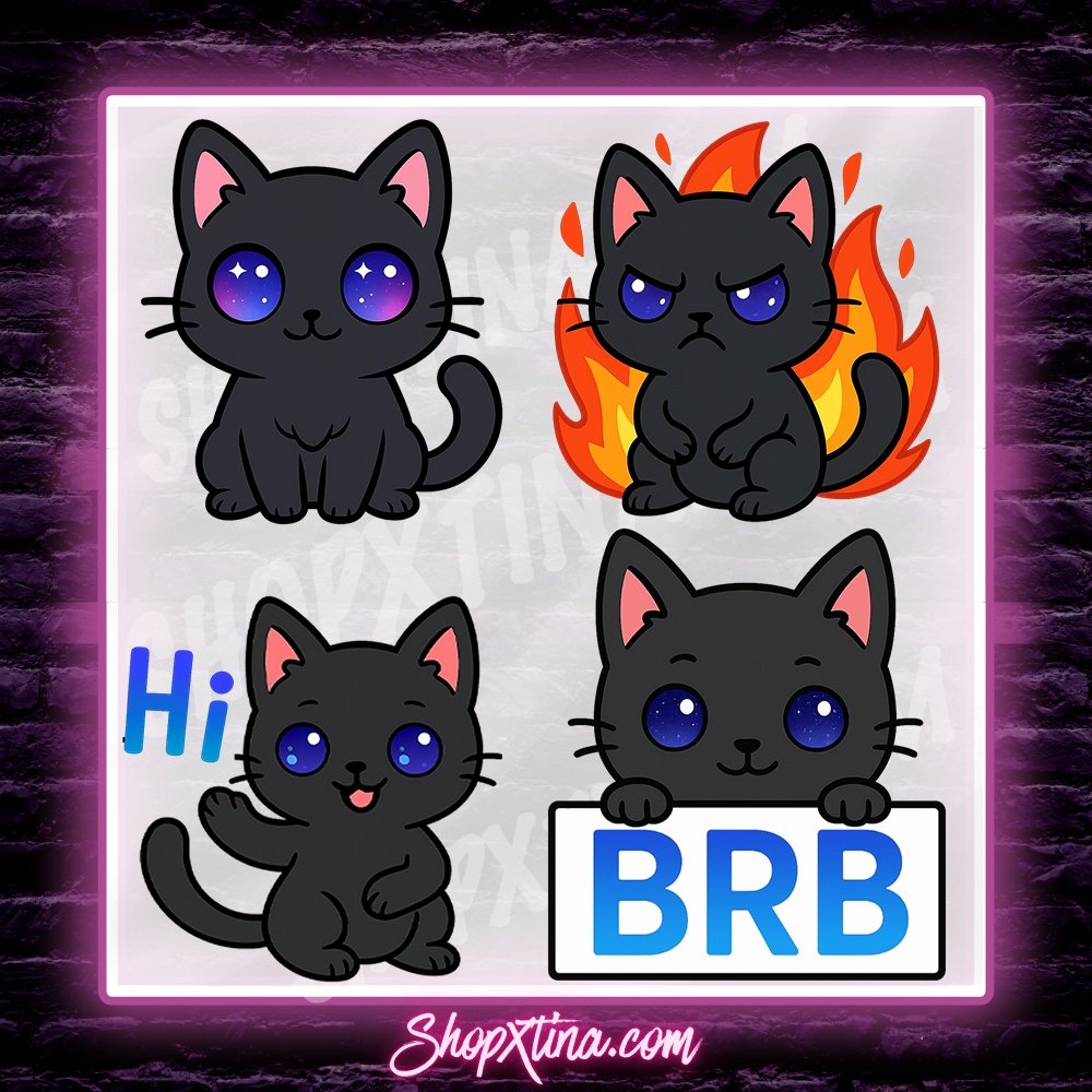 13 Black Cat (Galaxy Eyes) Emotes | Discord, Twitch, Youtube, OBS, Streamlabs | Hype, Love, Lurk, Raid, Cheers & More | Great For Streamers