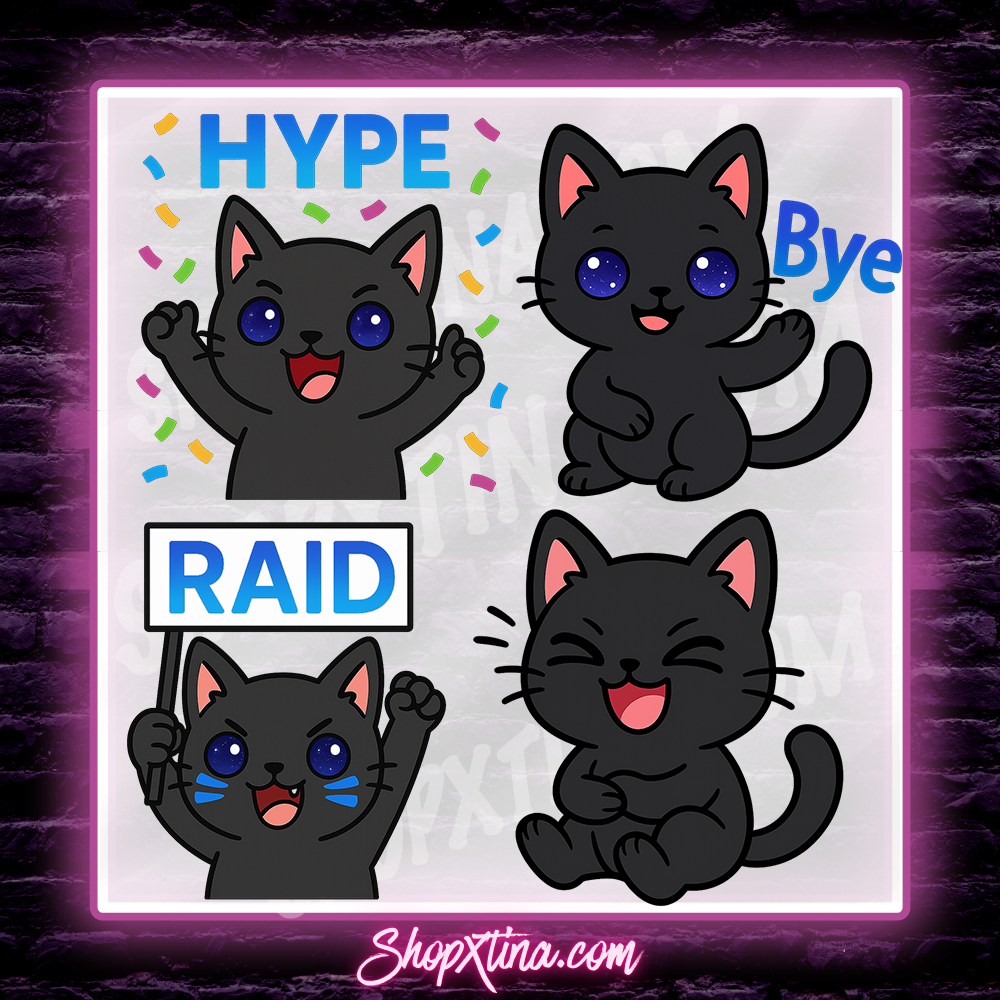 13 Black Cat (Galaxy Eyes) Emotes | Discord, Twitch, Youtube, OBS, Streamlabs | Hype, Love, Lurk, Raid, Cheers & More | Great For Streamers